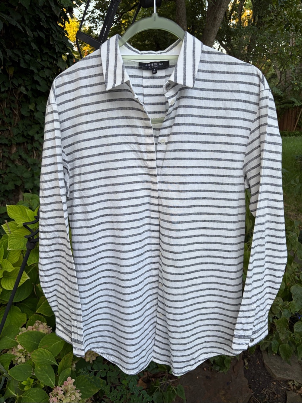 Lafayette 148 New York Off White Blouse with Gray Stripes - Natural linen